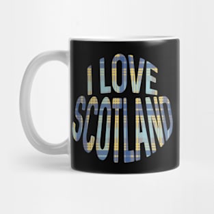 I LOVE SCOTLAND Blue, Grey and Yellow Tartan Colour Typography Design Mug